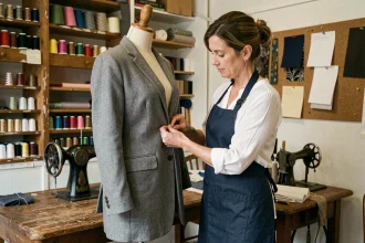 Couturière en tablier marine épinglant l'ourlet d'un blazer gris sur un mannequin dans une retoucherie parisienne