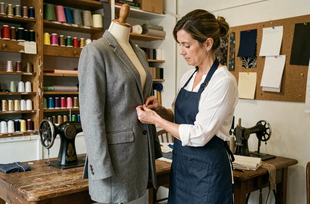 Couturière en tablier marine épinglant l'ourlet d'un blazer gris sur un mannequin dans une retoucherie parisienne