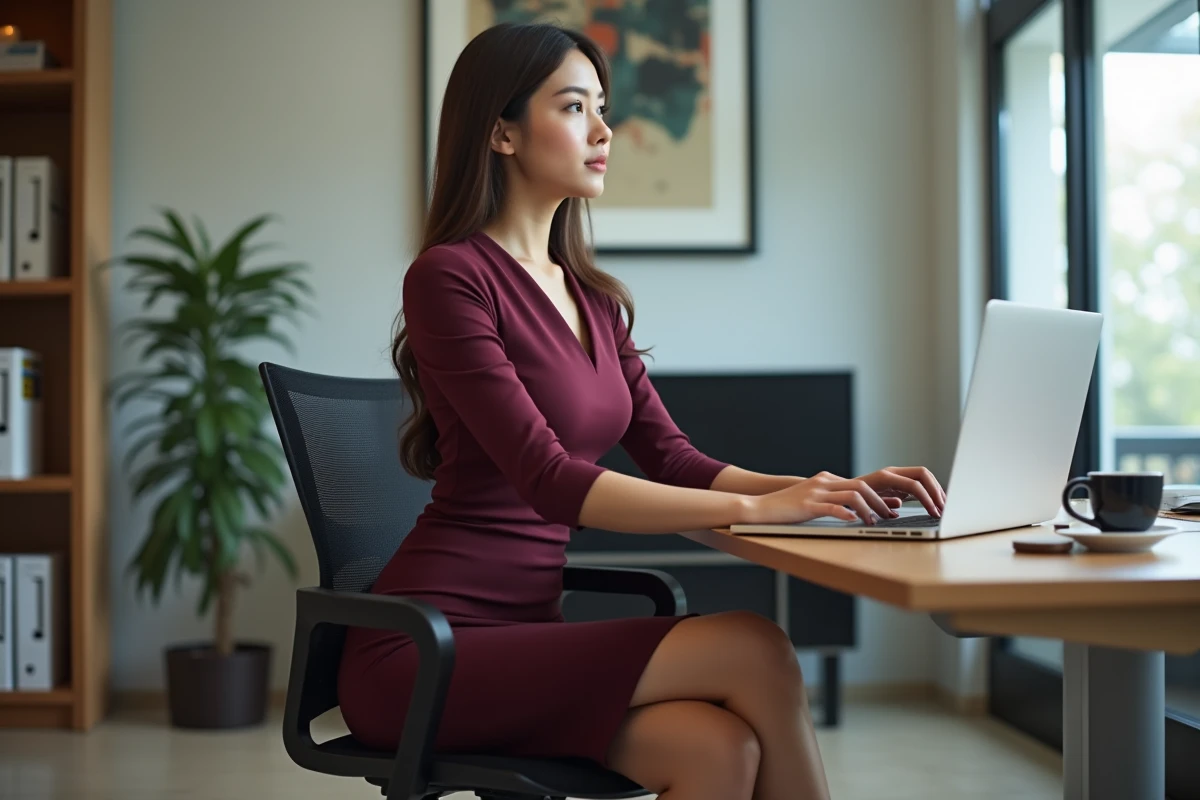 Femme assise à son bureau portant une robe moulante bordeaux élégante adaptée au travail