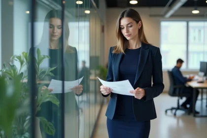 Femme professionnelle portant une robe moulante bleu marine avec blazer structuré dans un bureau moderne