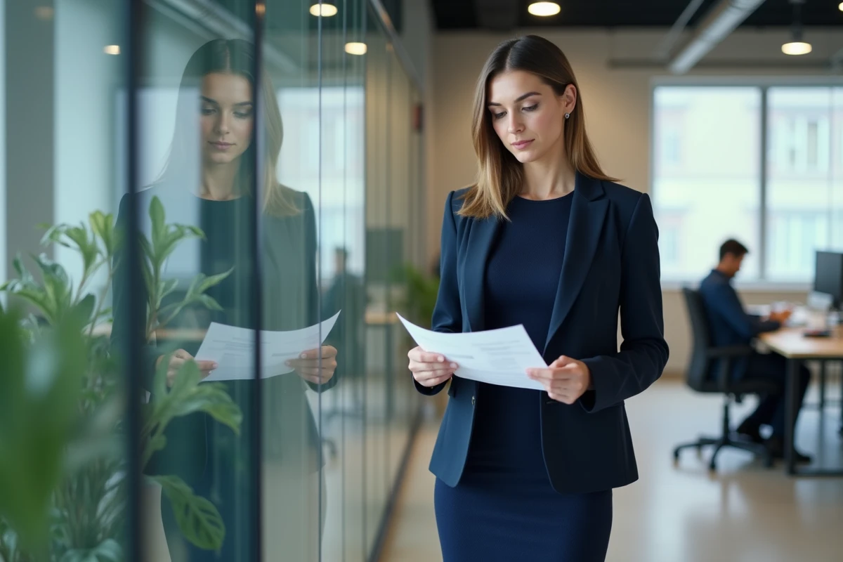 Femme professionnelle portant une robe moulante bleu marine avec blazer structuré dans un bureau moderne