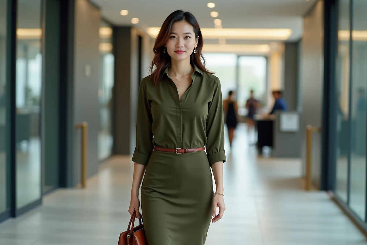 Femme en robe moulante verte marchant dans un couloir de bureau avec assurance et style professionnel