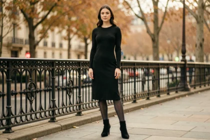 Femme portant une robe noire midi avec des collants gris anthracite semi-opaques et des bottines à talons dans une rue parisienne en automne