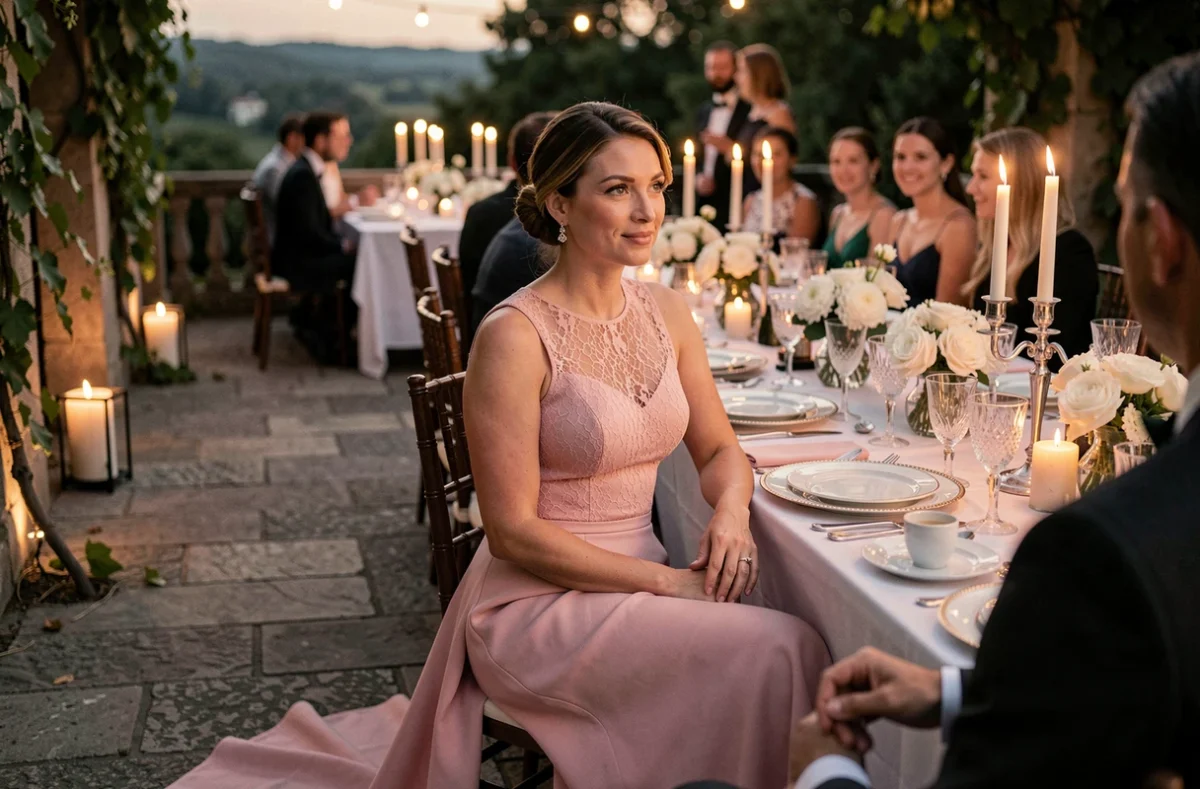 Femme en robe de soirée rose poudré à dentelle assise à une table de dîner de mariage en terrasse décorée de bougies et de fleurs blanches