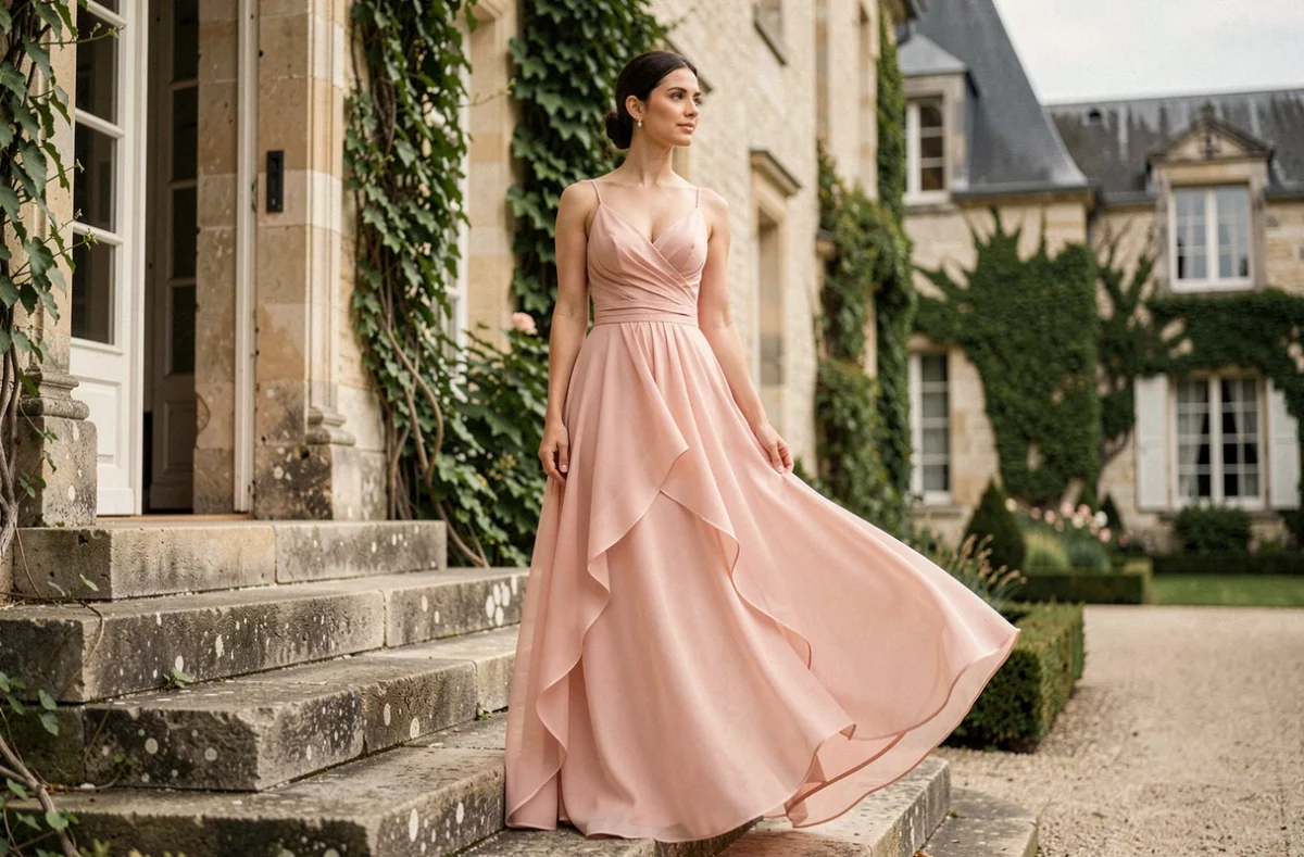 Femme en robe de soirée rose poudré longue posant sur les marches d'un château français lors d'un mariage élégant