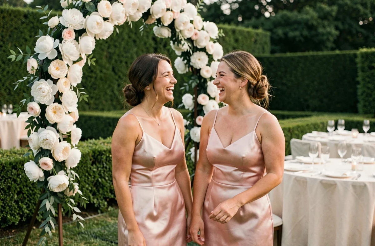 Deux femmes en robes de soirée rose poudré satiné riant ensemble sous une arche florale lors d'une réception de mariage en jardin