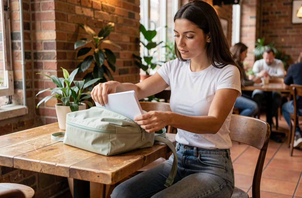 Femme rangeant un cahier dans un sac à dos léger vert sauge dans un café urbain moderne