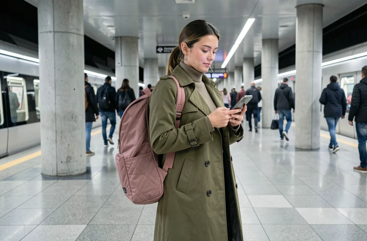 Femme avec un sac à dos ultra léger rose en station de métro pendant le trajet domicile-travail