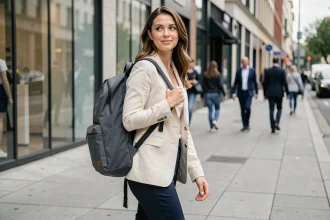 Femme portant un sac à dos ville ultra léger en nylon anthracite en marchant dans une rue urbaine moderne