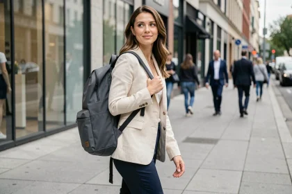 Femme portant un sac à dos ville ultra léger en nylon anthracite en marchant dans une rue urbaine moderne