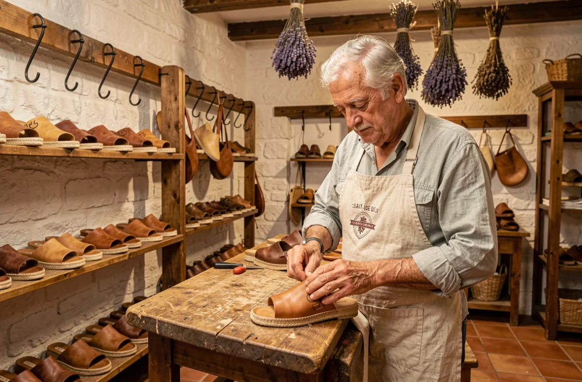 L'artisan de la boutique Sandales Bayona à Saint-Jean-de-Luz confectionnant à la main des sandales basques traditionnelles.