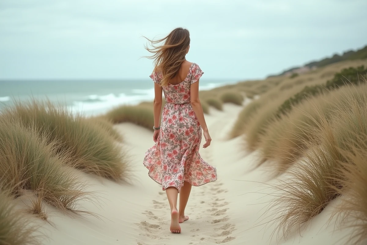 Femme en robe florale marchant sur un sentier côtier lors d'une séance photo en plein air au bord de l'océan
