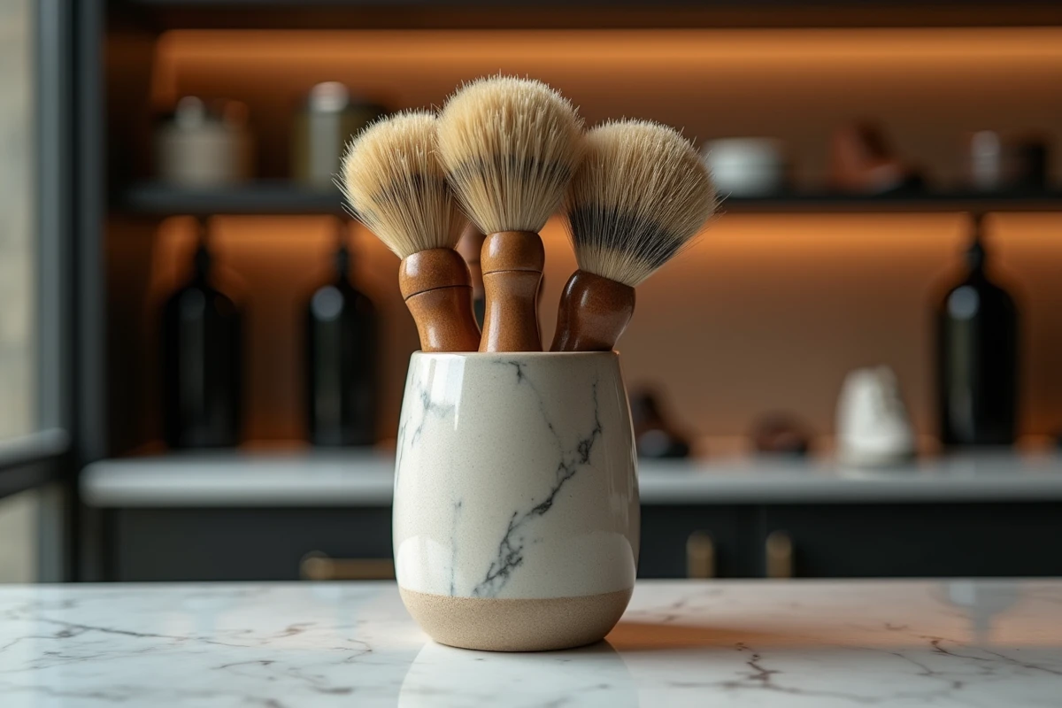 Sélection de brosses à chaussures en poils naturels dans un pot en céramique sur comptoir en marbre d'une boutique spécialisée