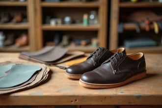 Semelle de chaussure trop grande avec différentes matières de maintien : liège, gel et mousse EVA sur établi de cordonnier