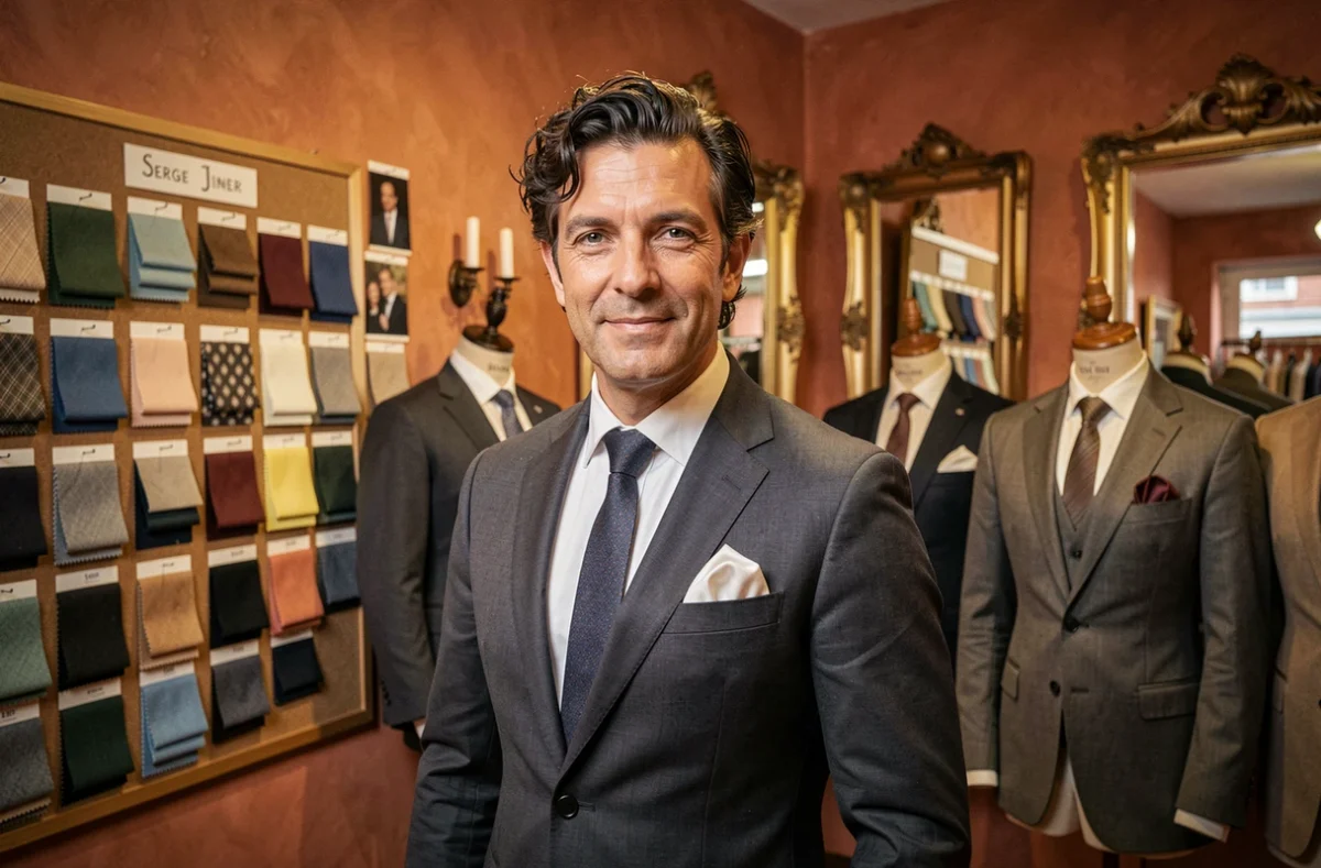 Le tailleur de la boutique Serge Jiner entouré de costumes artisanaux dans son atelier chaleureux