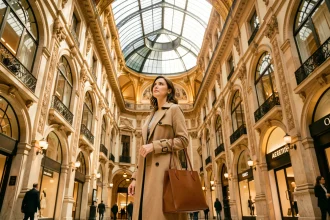 Femme élégante dans un grand magasin parisien contemplant l'architecture Haussmannienne lors de son shopping mode