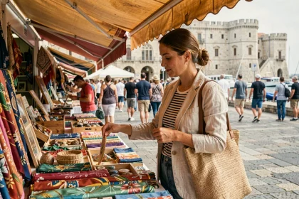 Femme faisant du shopping au marché en plein air du Vieux-Port de Marseille avec des étals colorés de souvenirs et artisanat local