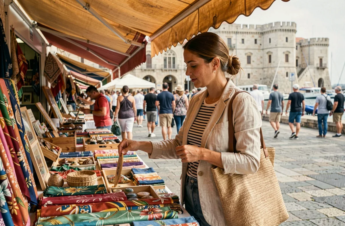 Femme faisant du shopping au marché en plein air du Vieux-Port de Marseille avec des étals colorés de souvenirs et artisanat local