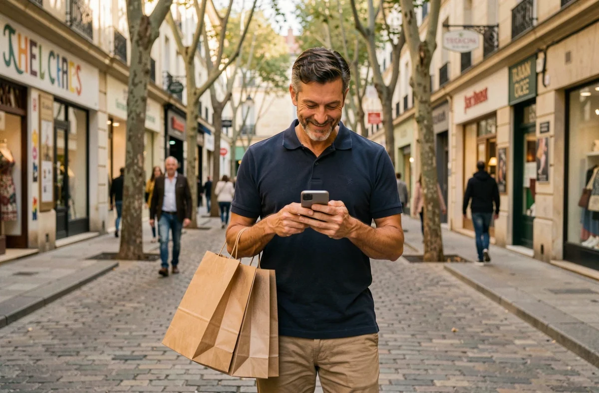 Homme tenant des sacs de shopping dans une rue commerçante piétonne de Marseille avec façades provençales et platanes en arrière-plan