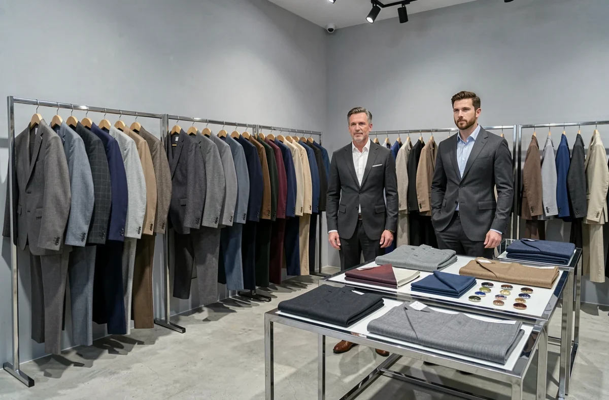 Intérieur de la boutique Stilbo avec une sélection de costumes italiens et un conseiller élégant