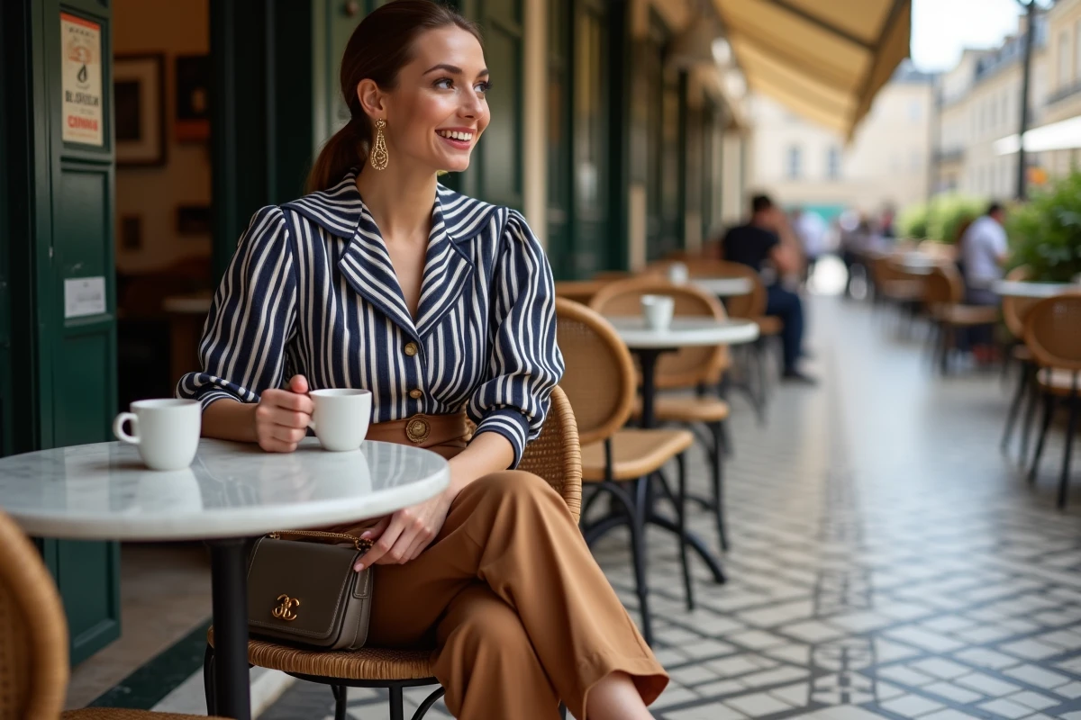 Femme en tenue quotidienne inspirée Vivienne Westwood avec top rayé à manches bouffantes et sac orbe dorée dans un café parisien