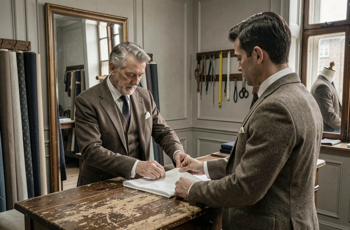 Tailleur expérimenté montrant la technique de pliage d'une pochette blanche à un client dans un atelier de confection sur mesure
