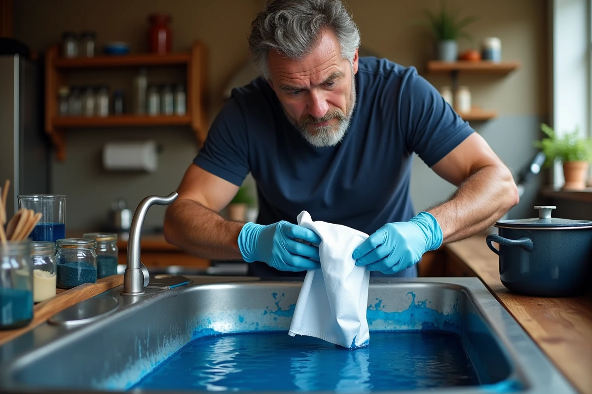 Homme teignant à la main du tissu en polyester dans un évier avec une solution de teinture bleu indigo