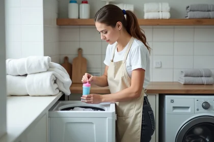 Femme versant de la teinture liquide pour polyester dans le tiroir d'une machine à laver dans une buanderie domestique