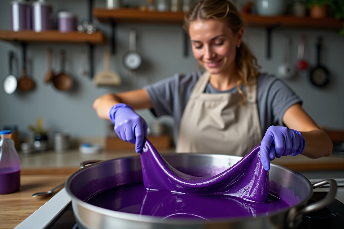Femme teignant du tissu polyester en violet dans une grande casserole sur une cuisinière, entourée de colorants textiles et d'outils de teinture