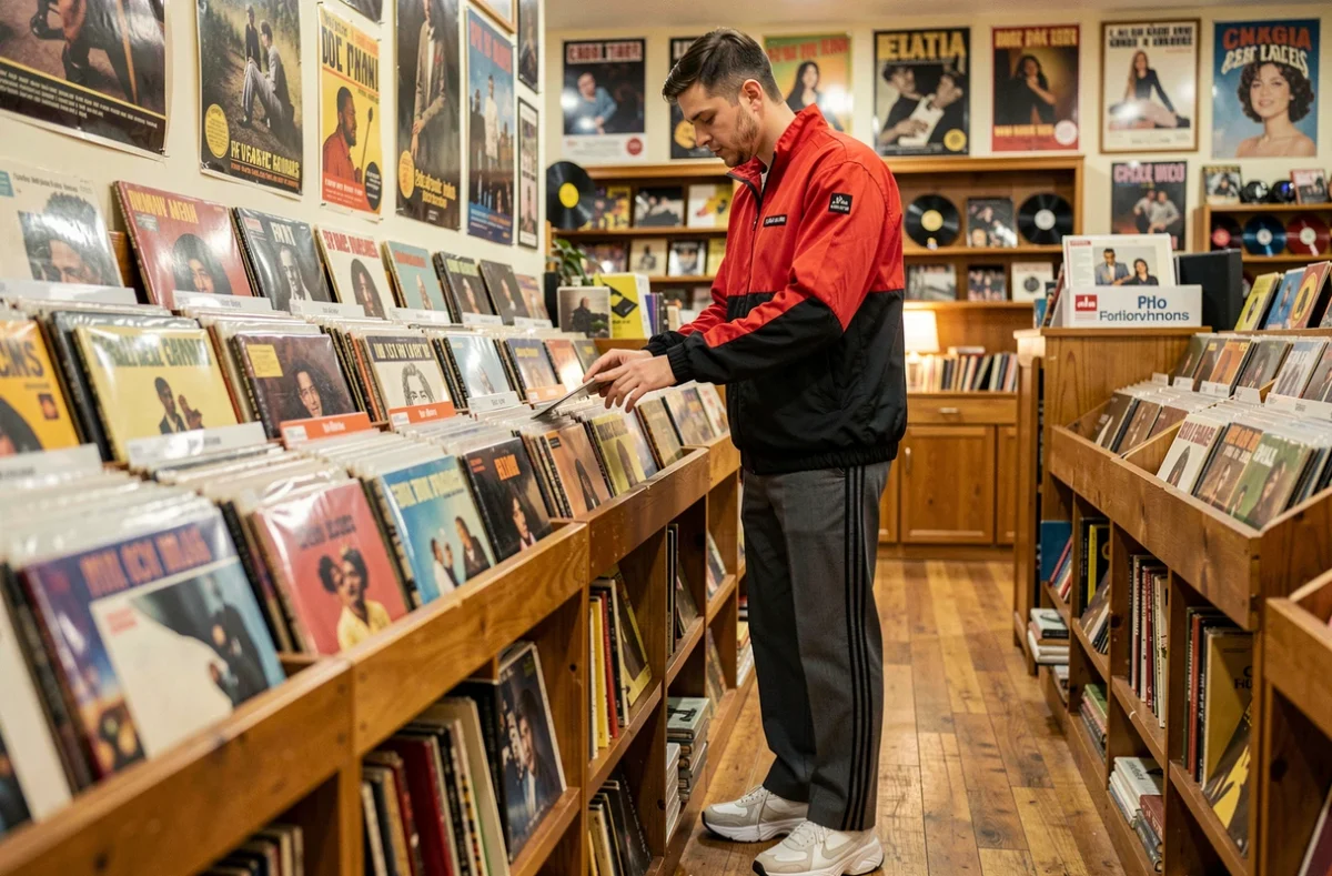 Homme en survêtement color-block années 80 dans un magasin de disques vinyle vintage