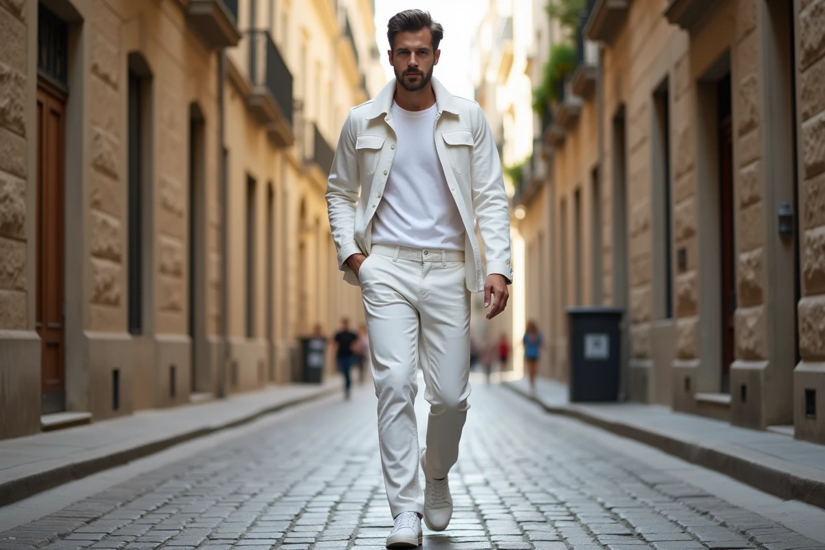 Homme en tenue entièrement blanche veste coach et chino marchant dans une rue pavée européenne