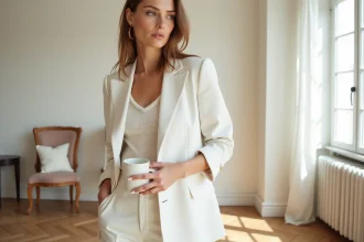 Femme en tenue blanche intégrale lin et tricot ivoire dans un appartement parisien au parquet en chevrons