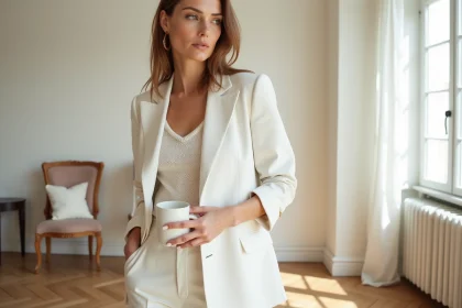 Femme en tenue blanche intégrale lin et tricot ivoire dans un appartement parisien au parquet en chevrons