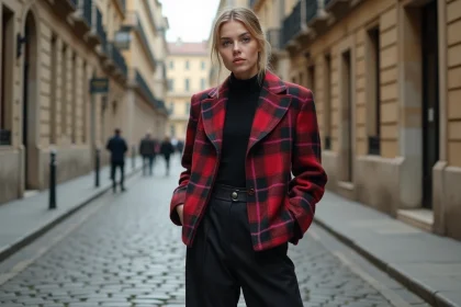 Femme portant une tenue quotidienne inspirée de Vivienne Westwood avec blazer tartan et bottines plateforme dans une rue pavée européenne