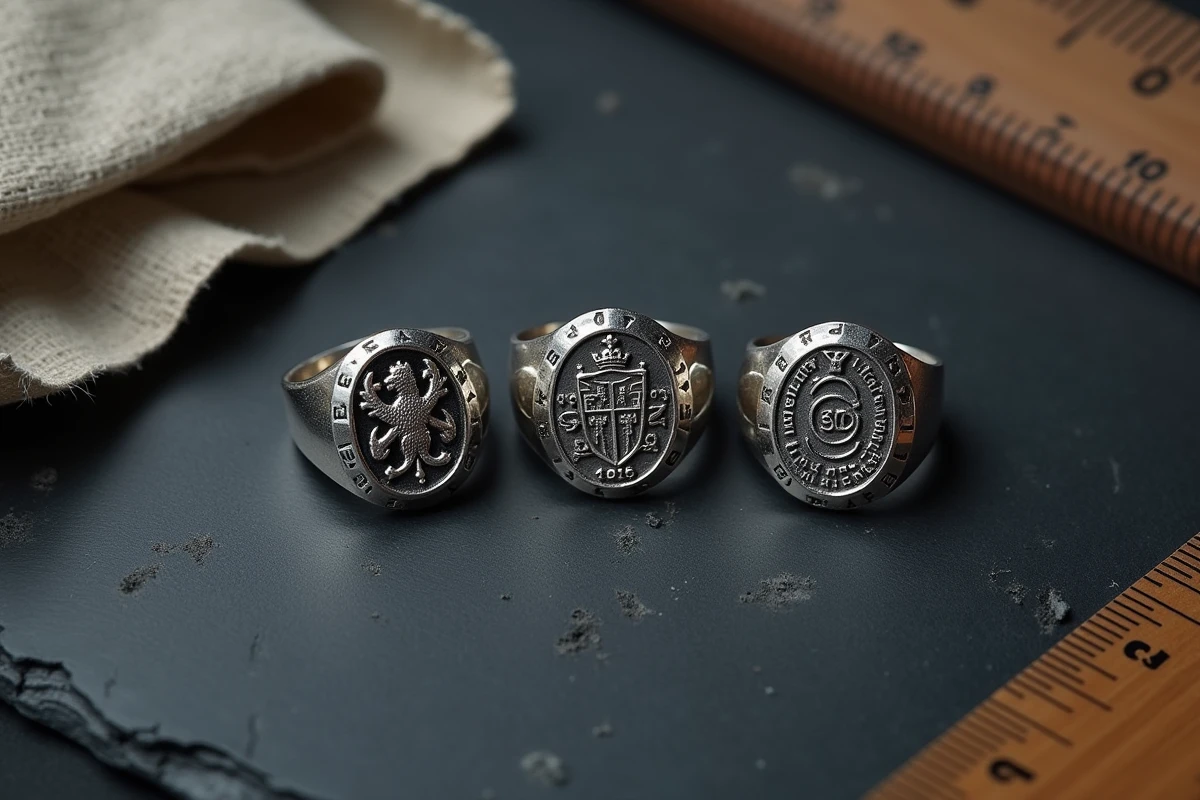 Trois chevalières en argent massif inspirées des modèles anciens côte à côte sur ardoise dans un studio joaillier