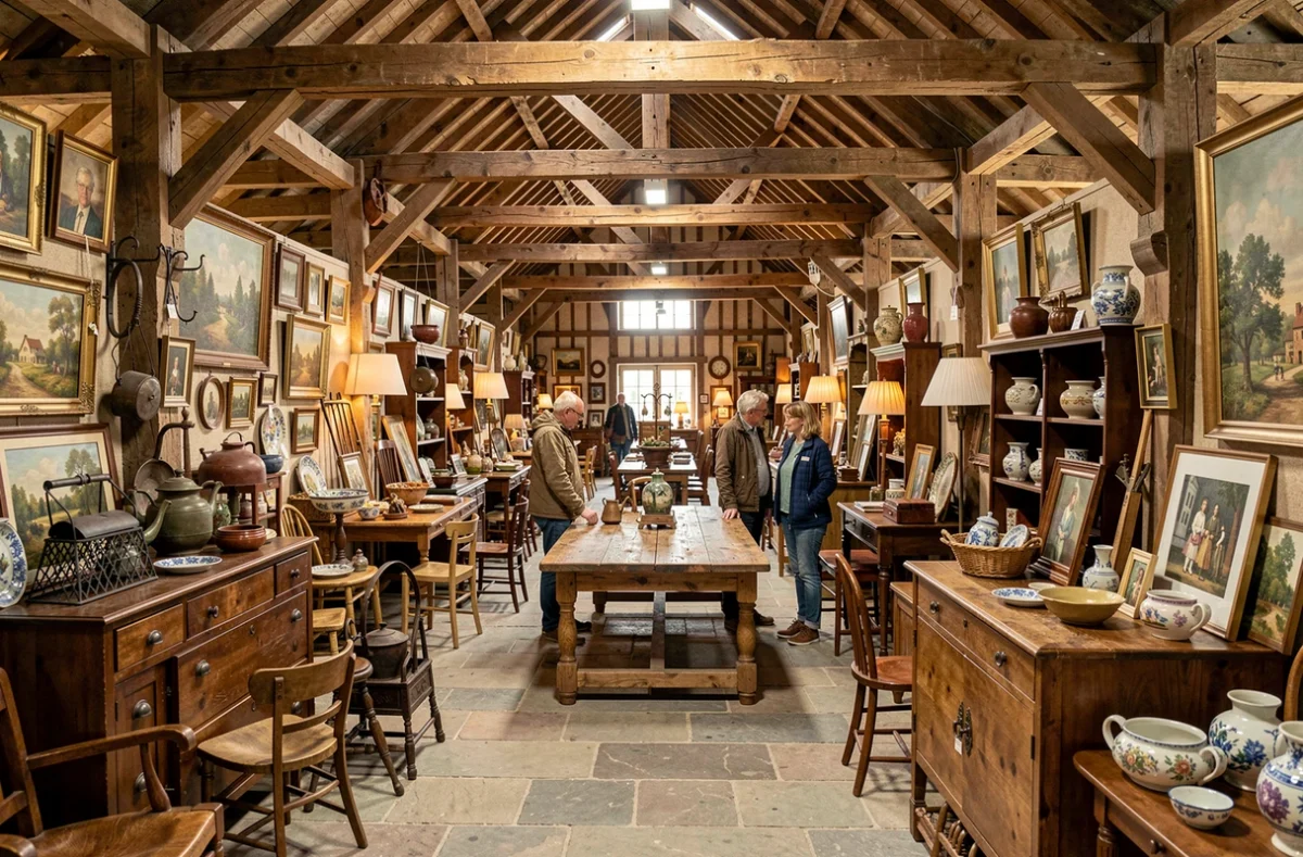 Grand village de brocanteurs à Pont-Audemer avec nombreux stands d'antiquités et visiteurs explorant le marché, Village Des Brocanteurs