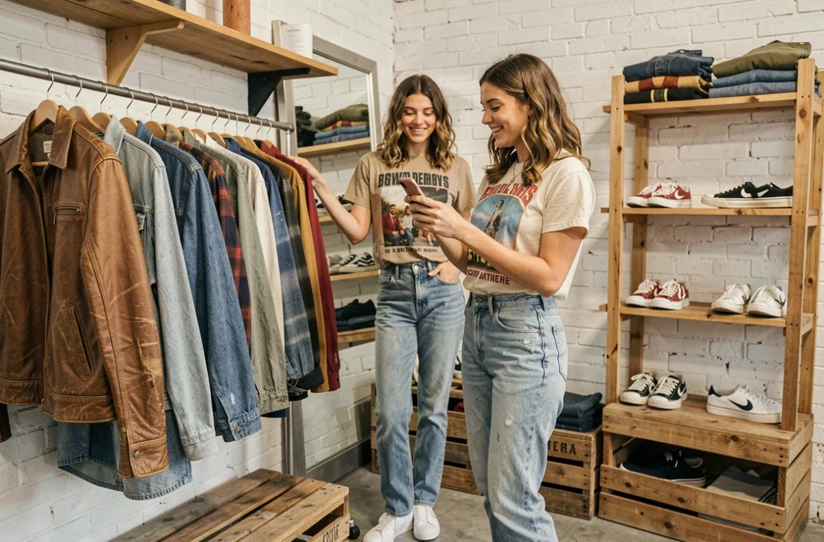 Jeune femme feuilletant des vêtements vintage casual dans la boutique Vintage By FK à Rouen, denim et vestes en cuir