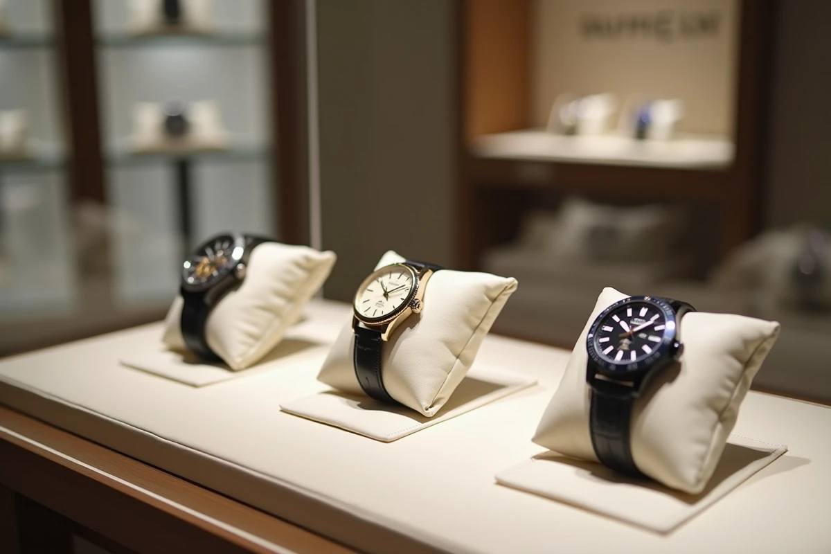 Vitrine d'une boutique horlogère suisse avec trois montres de luxe iconiques exposées sur coussins en cuir blanc